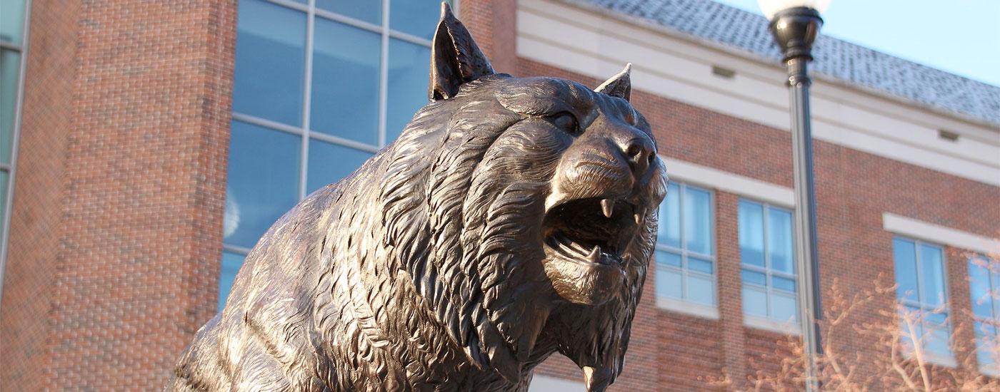 Close up of the bobcat statue that sits outside of the Compton Science Center